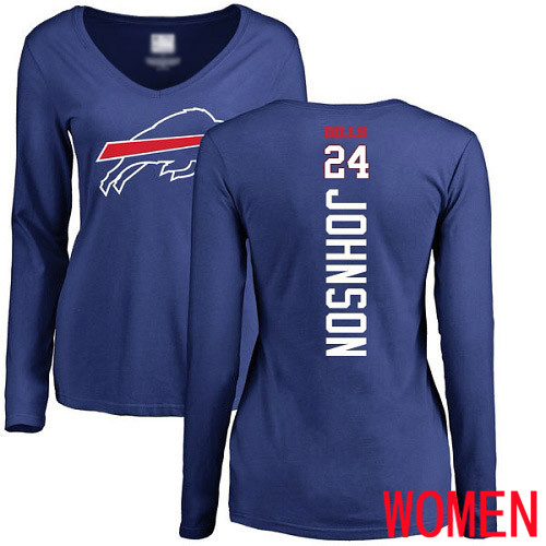 NFL Women Buffalo Bills #24 Taron Johnson Royal Blue Backer Long Sleeve T Shirt->nfl t-shirts->Sports Accessory